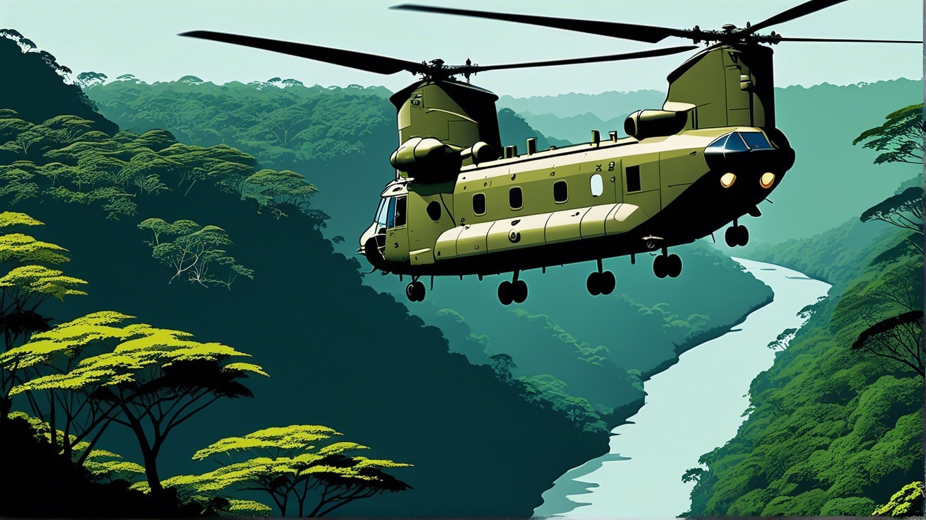 Military Helicopter Over Lush Jungle Landscape