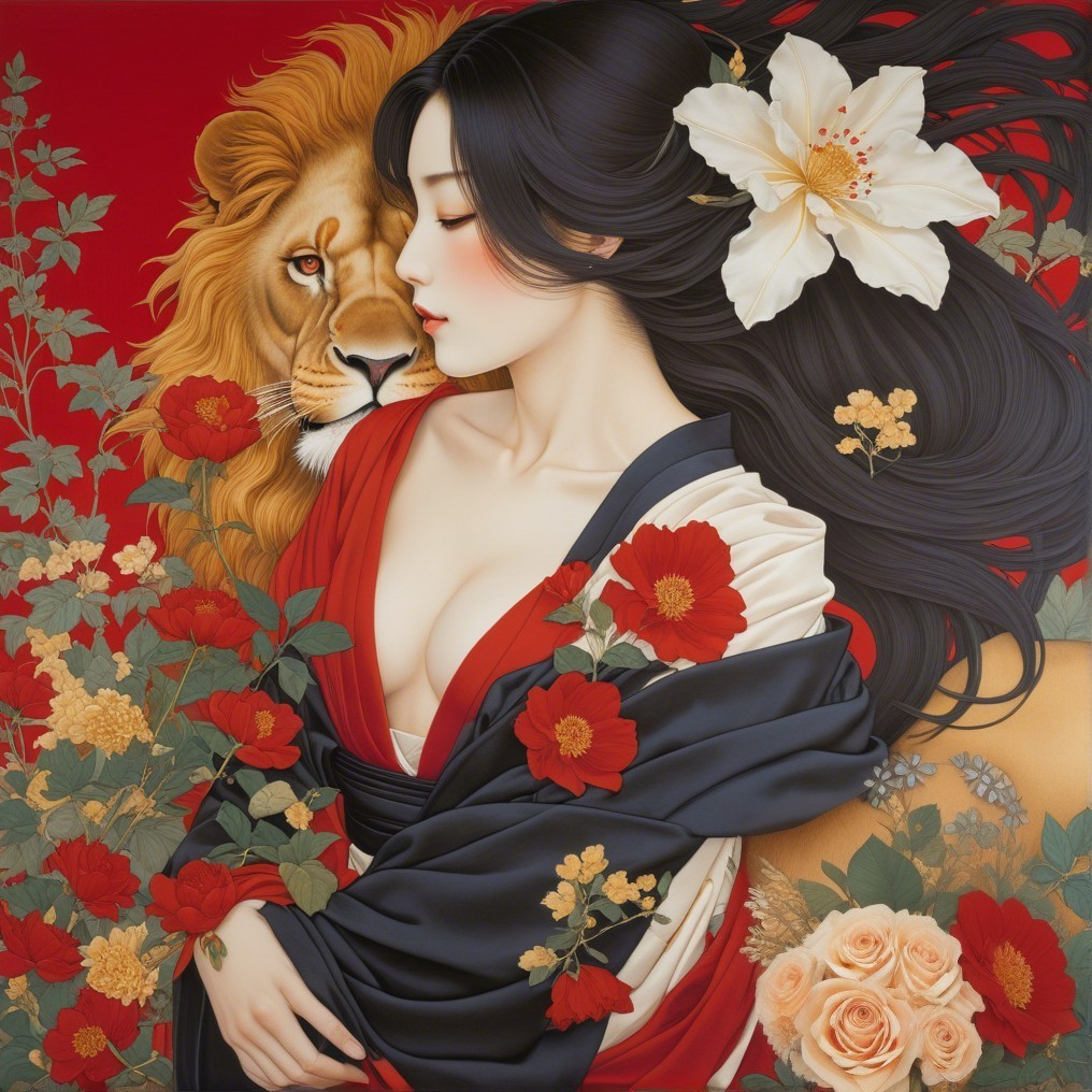 Serene Woman in Traditional Attire with Lion and Flowers