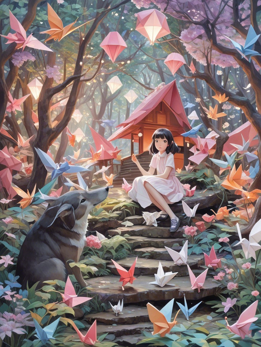 Young girl in a white dress with origami cranes in forest