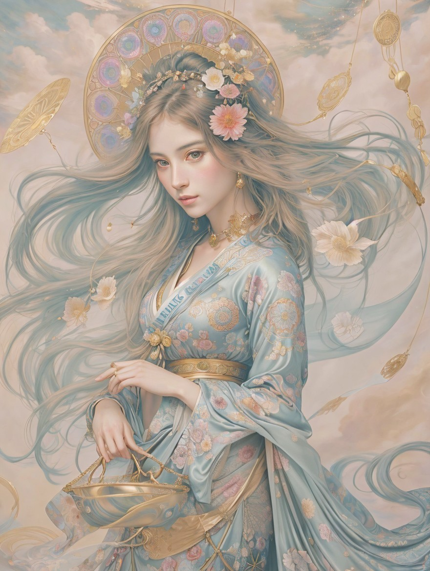 Ethereal figure in pastel gown with celestial backdrop
