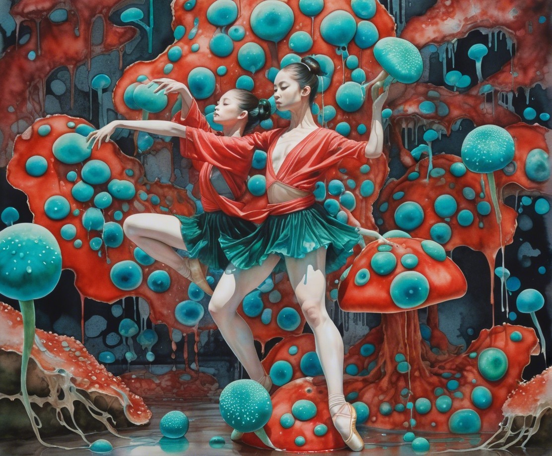 Dancers in Colorful Costumes Amid Surreal Fungi Backdrop