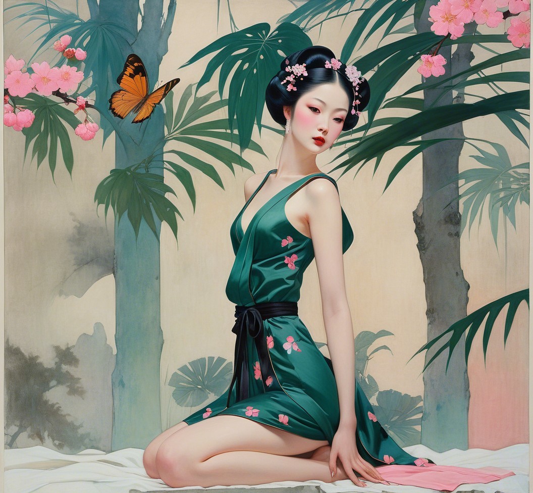 Serene Woman in Floral Dress Among Bamboo and Blossoms