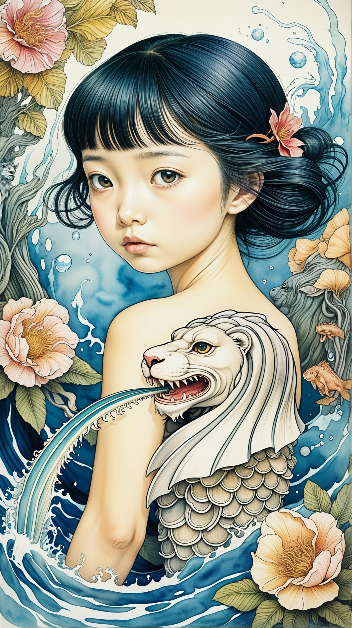 Young girl with lion head and flowing water artwork