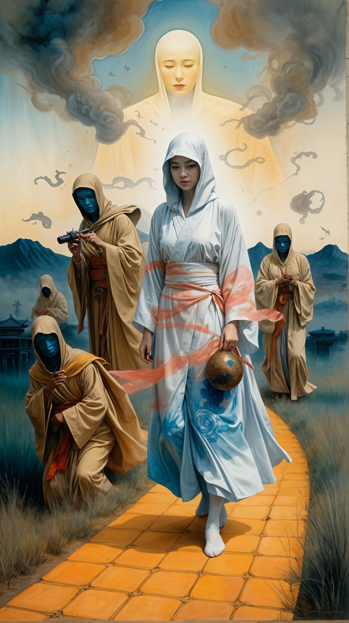 Surreal Landscape with Serene Figure and Cloaked Followers