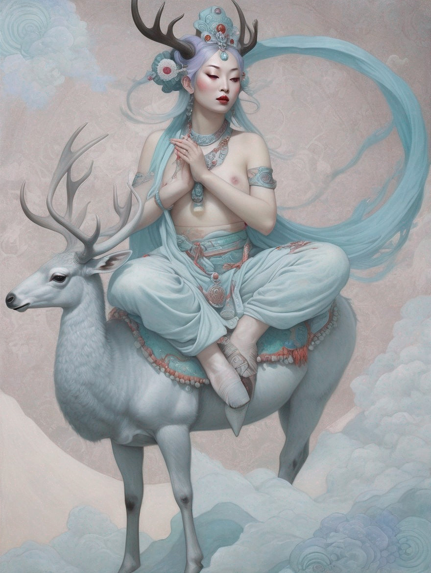 Serene Woman with Blue Hair on White Deer in Clouds
