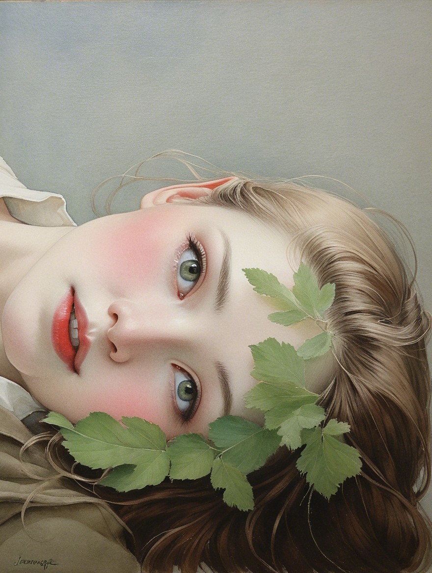 Detailed Portrait of a Young Woman with Natural Elements