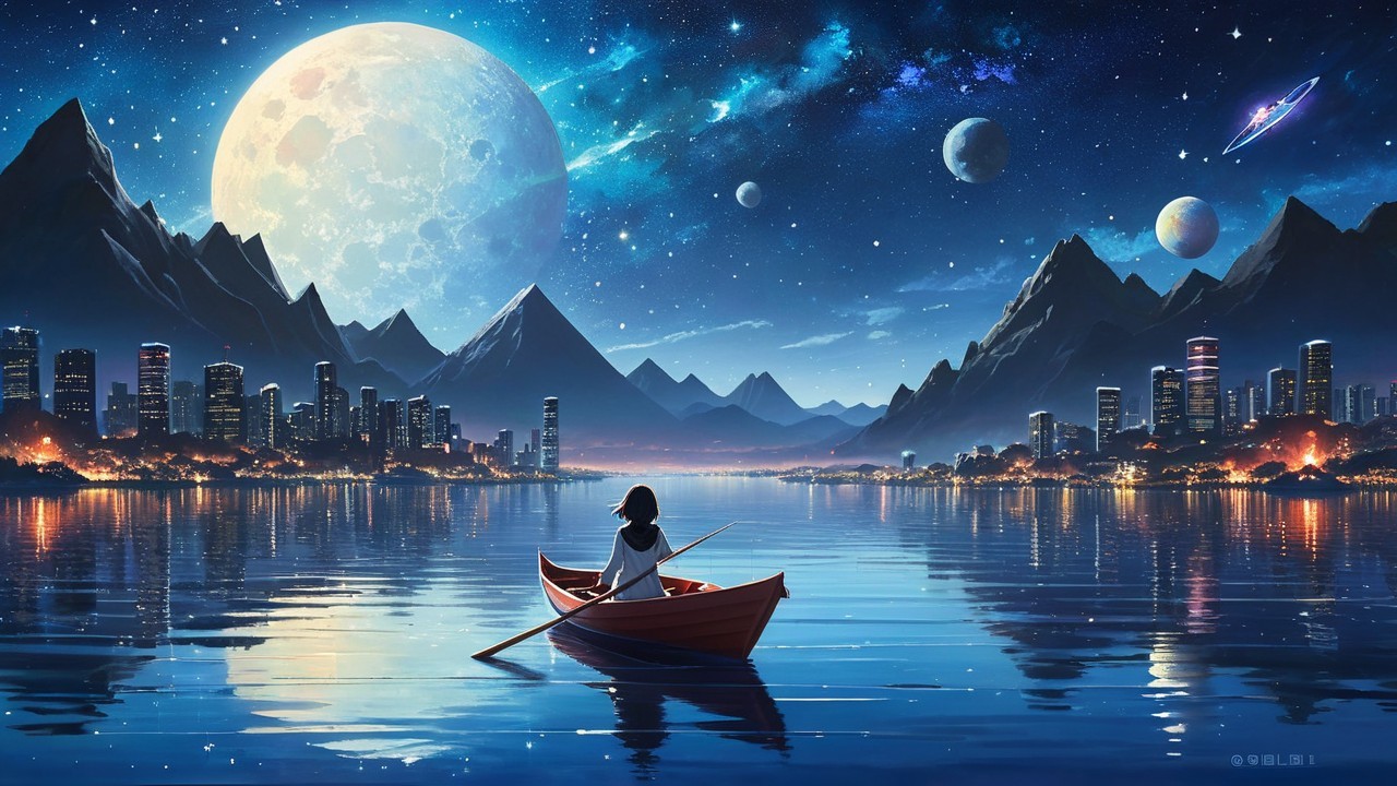 Serene Lake Scene with Boat and Starlit Sky