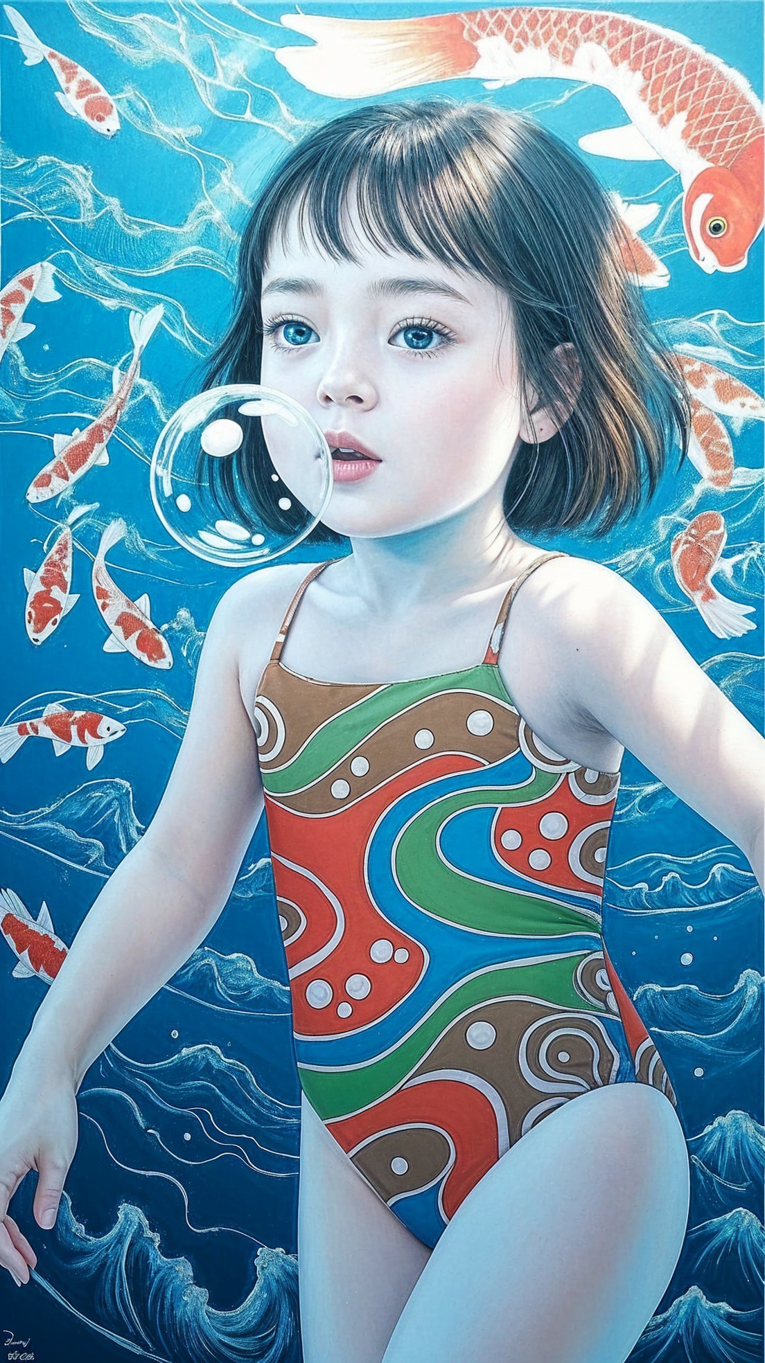 Young girl in colorful swimsuit blowing bubble in water