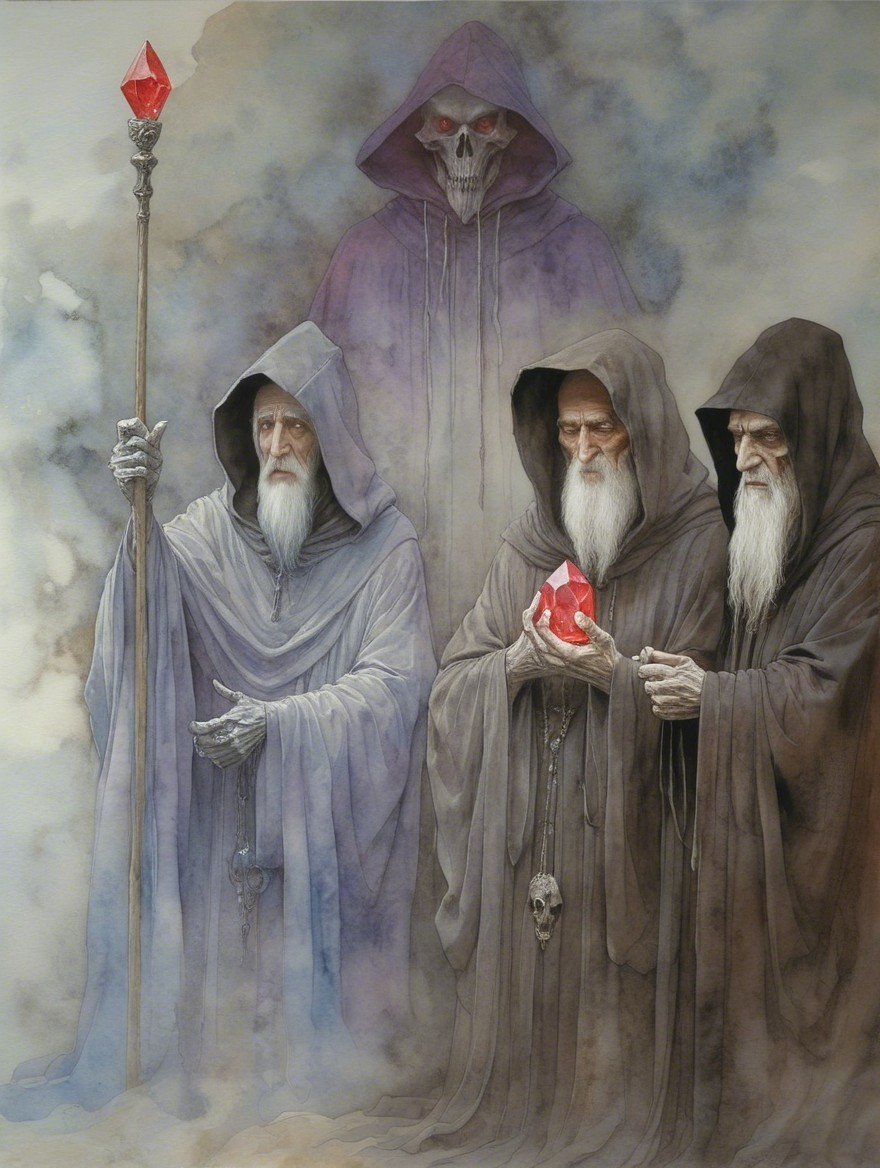 Hooded Figures with Red Gem in Foggy Atmosphere
