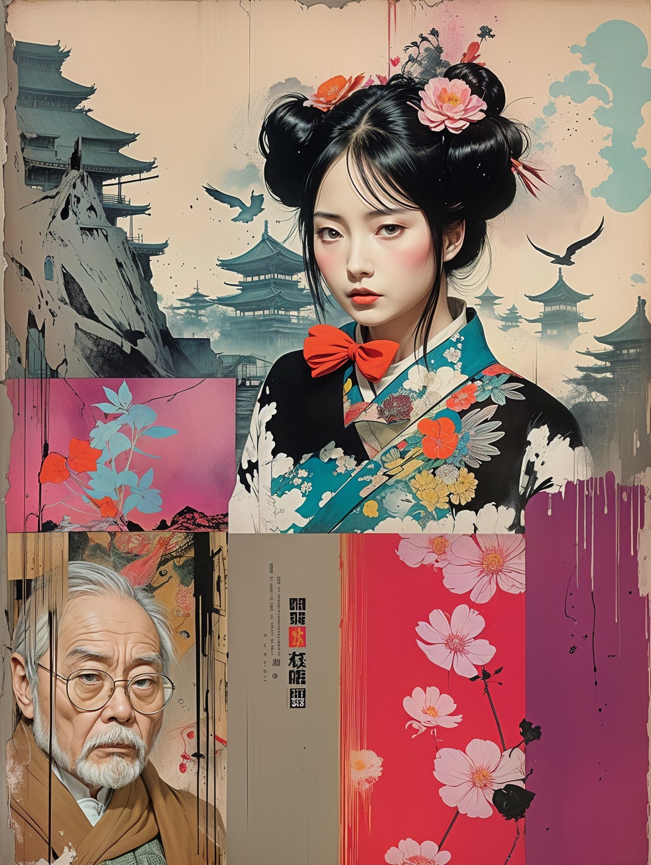 Young Woman in Kimono with Cherry Blossoms and Pagodas