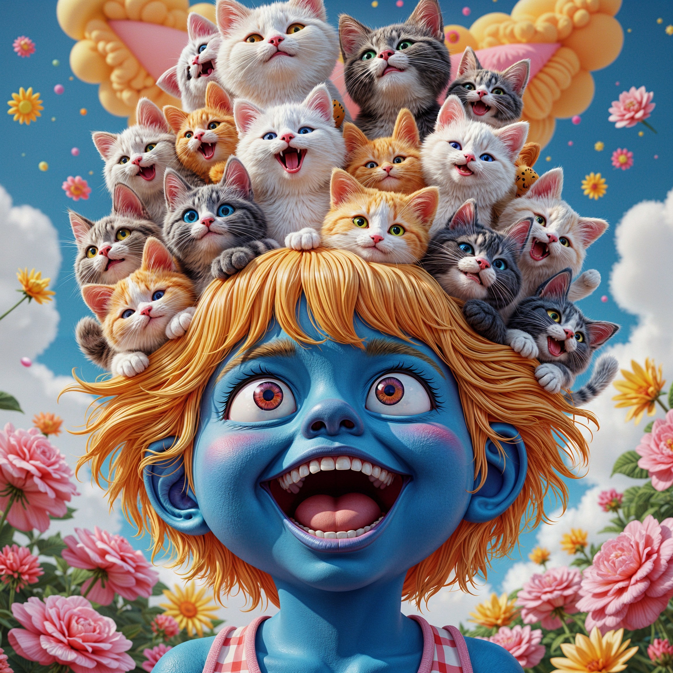 Whimsical Scene with Blue-Skinned Child and Cats