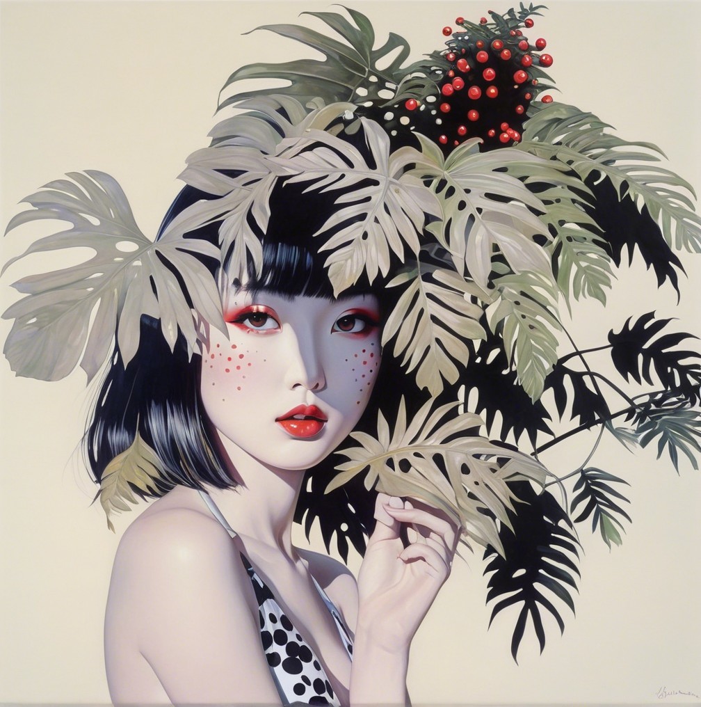 Young Woman Surrounded by Green Leaves and Red Berries