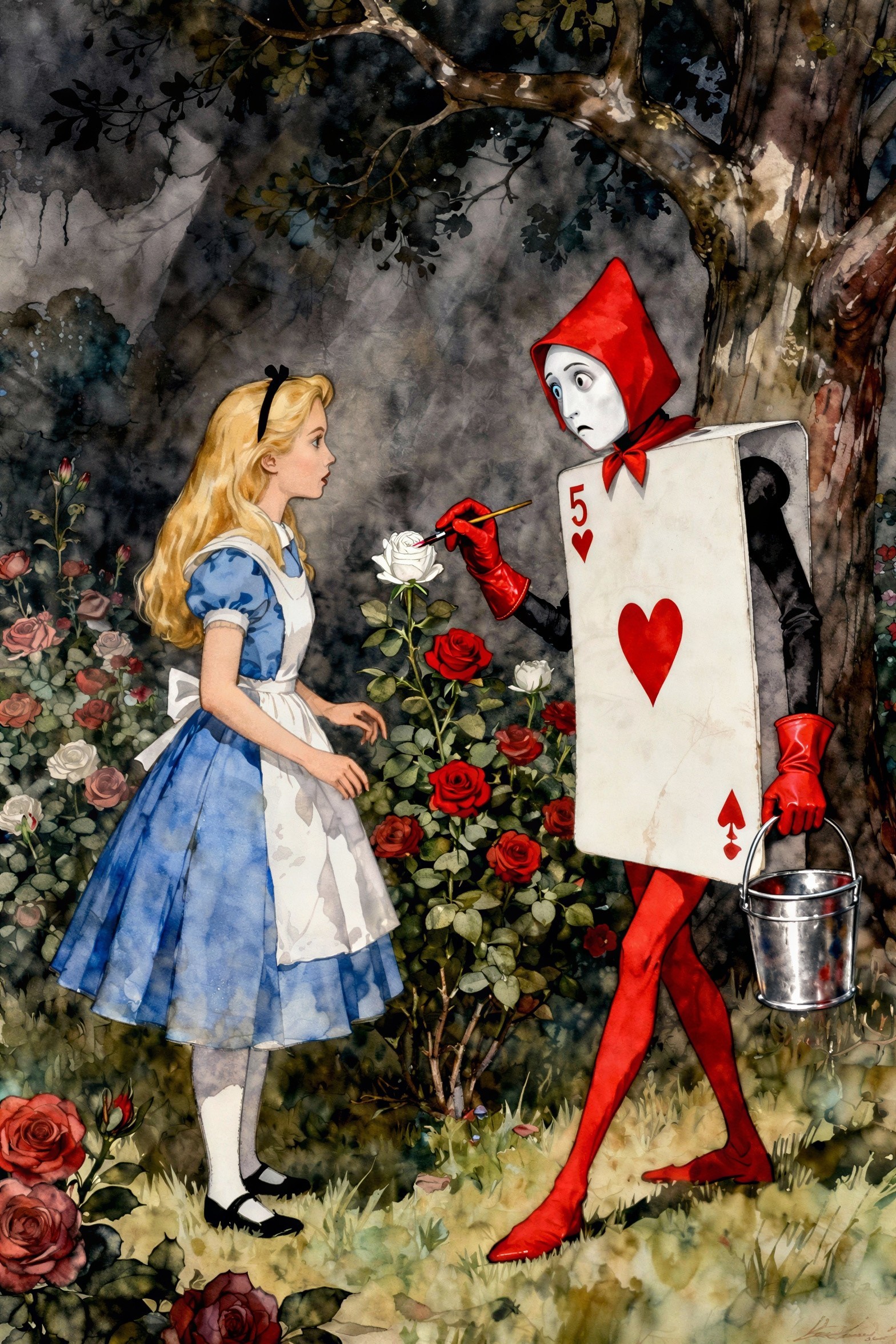 Young girl and card soldier in whimsical scene
