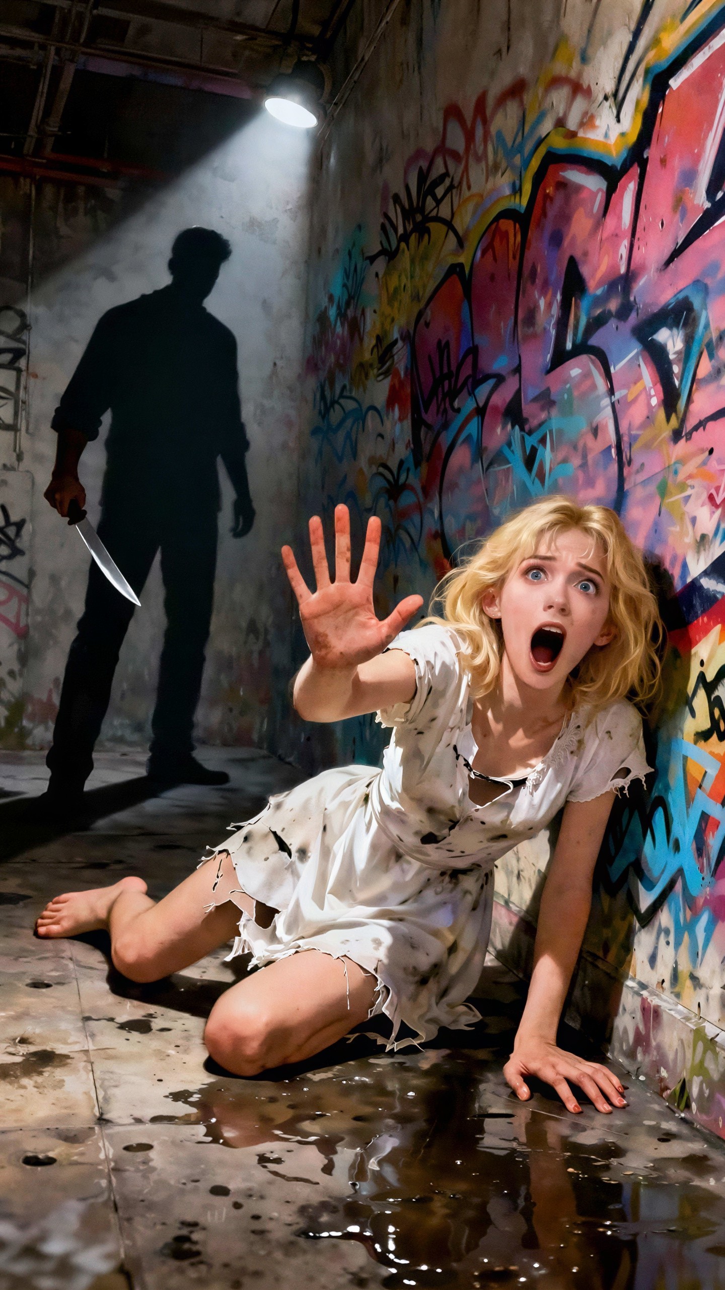 Young woman in distress in dark graffiti-covered alley