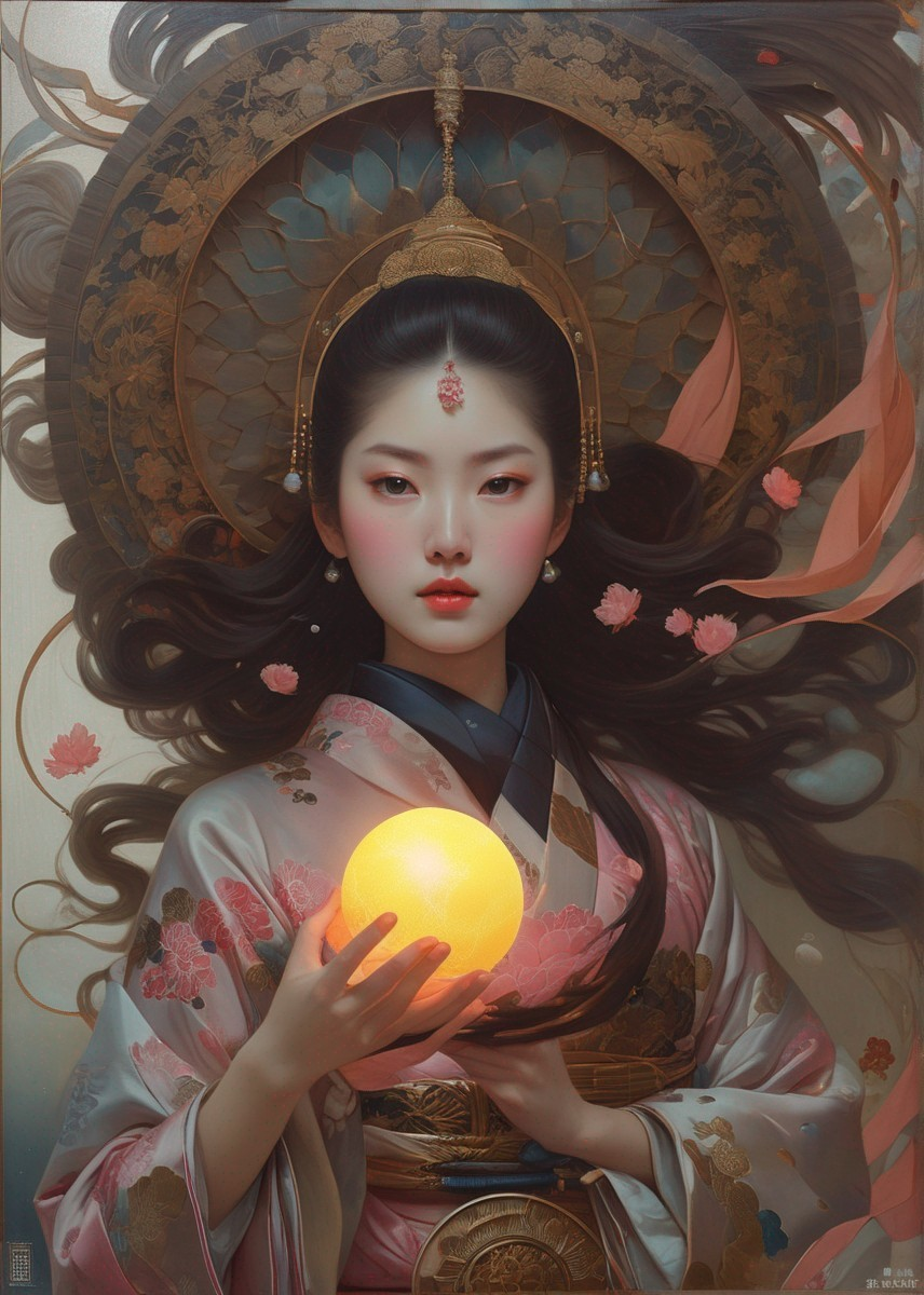 Stylized portrait of woman with ornate headdress and glowing orb surrounded by cherry blossoms.