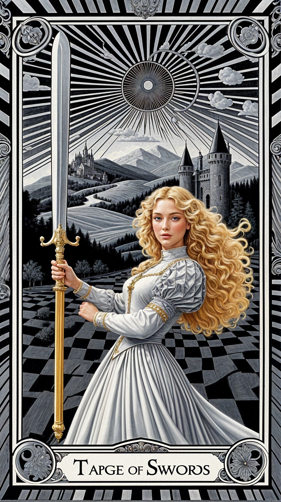 Woman in White Gown with Sword in Surreal Landscape