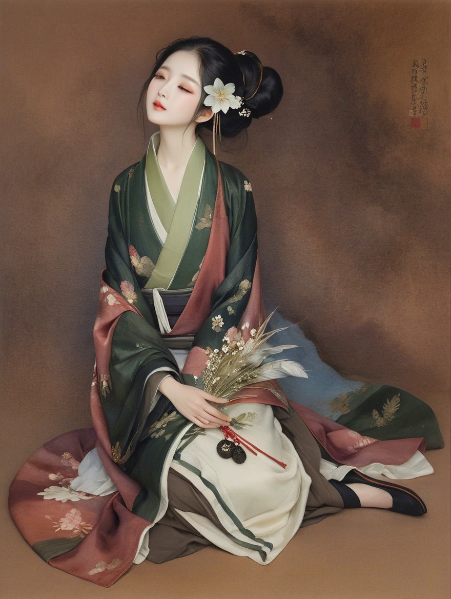 Graceful Woman in Traditional Outfit with Floral Patterns