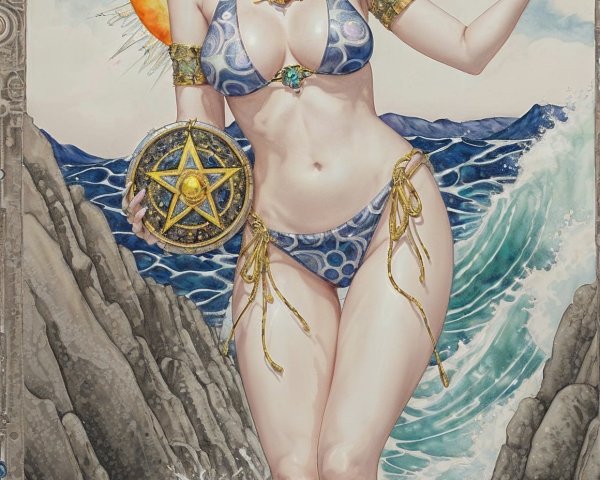 Mystical Figure by Ocean in Sparkling Bikini and Shield