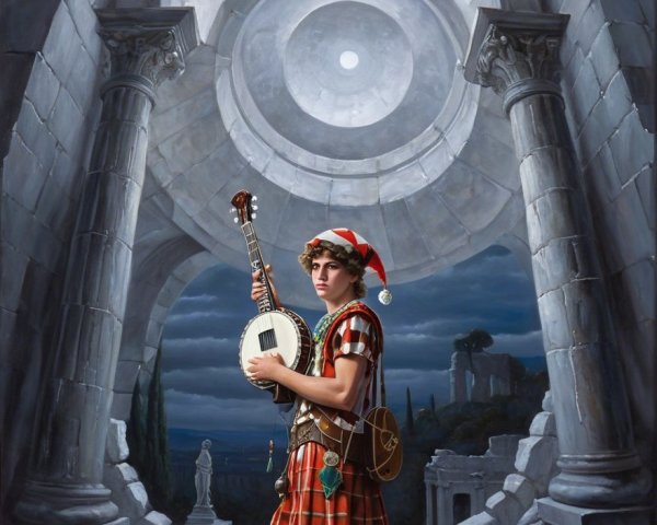 Young Boy in Kilt with Banjo Among Stone Ruins