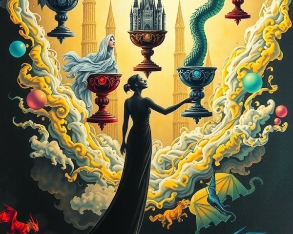 Mystical scene with figure, chalices, and dragons