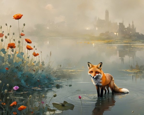 Fox in Calm Waters Amidst Wildflowers and Castle View
