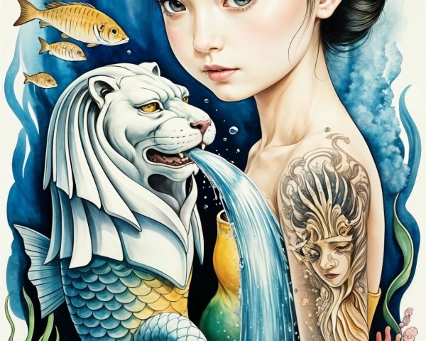 Young girl with lion-headed fish in vibrant underwater scene