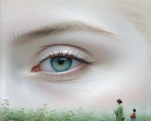 Close-Up of a Vivid Blue Eye with Serene Landscape