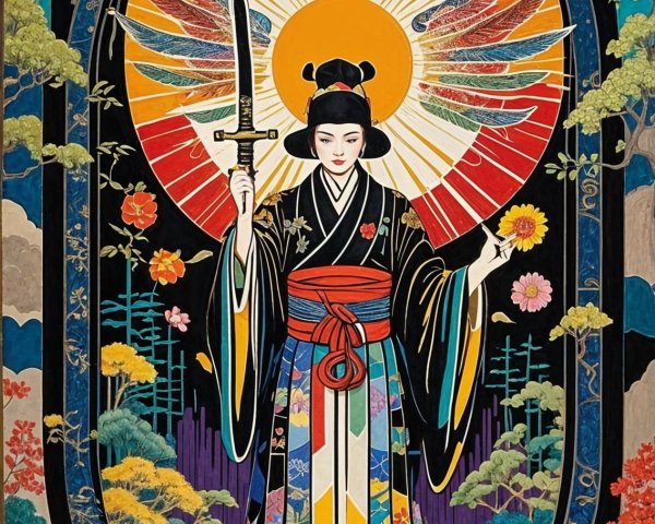 Vibrant Artwork of Woman in Kimono with Sword