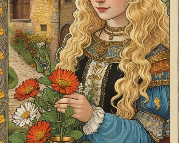 Young woman in traditional dress with flowers and cup