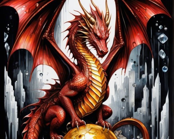 Majestic red dragon on jeweled globe with lotus flowers