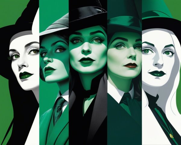 Graphic Design of Five Elegant Women in Witch Attire