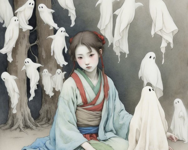 Young girl in traditional attire among ghostly figures
