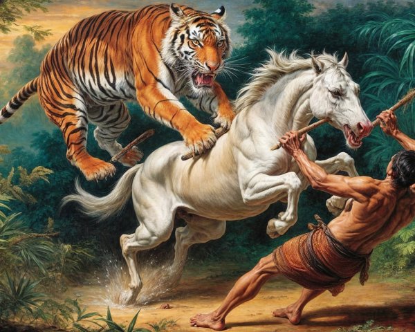Tiger Attacks Horse in Lush Jungle Scene