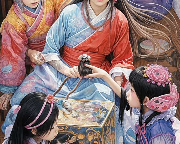 Four Girls in Colorful Kimonos Around a Painted Box