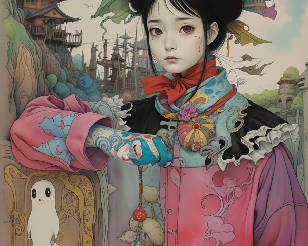 Young girl in ornate clothing with whimsical ghost figure