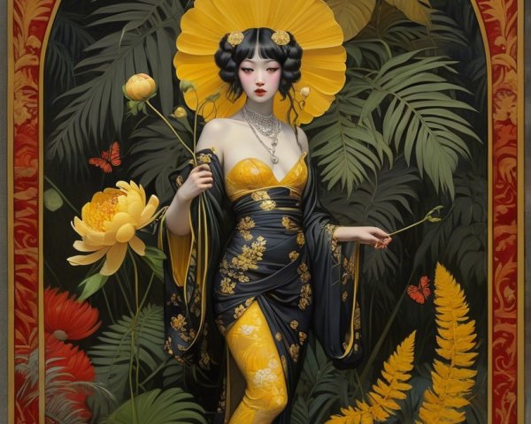 Elegant Woman in Black and Gold Gown with Flowers