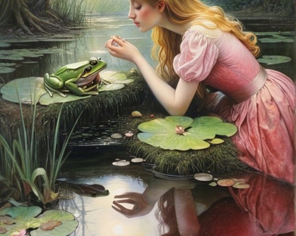 Dawn in a Serene Forest with a Girl and Frogs