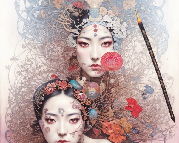 Ethereal Figures with Nature Patterns and Vibrant Colors