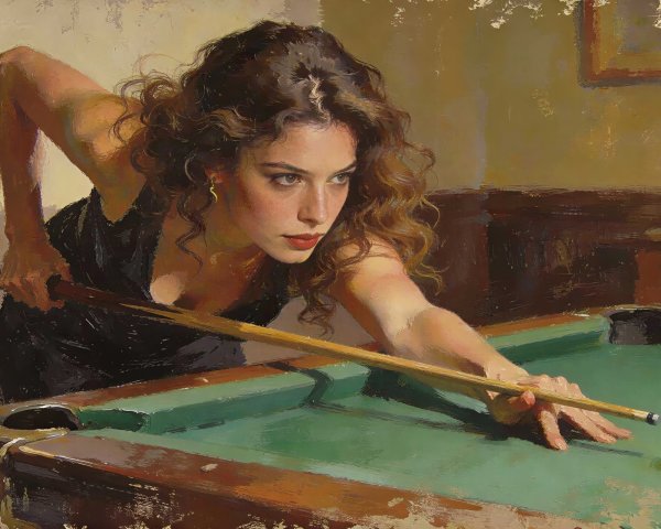 Vibrant oil painting of a woman playing pool