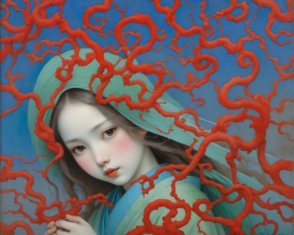 Delicate Young Woman in Flowing Green Garment