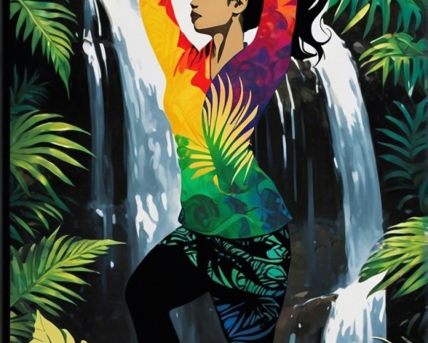 Woman in Jungle with Sun Orb and Waterfall Background