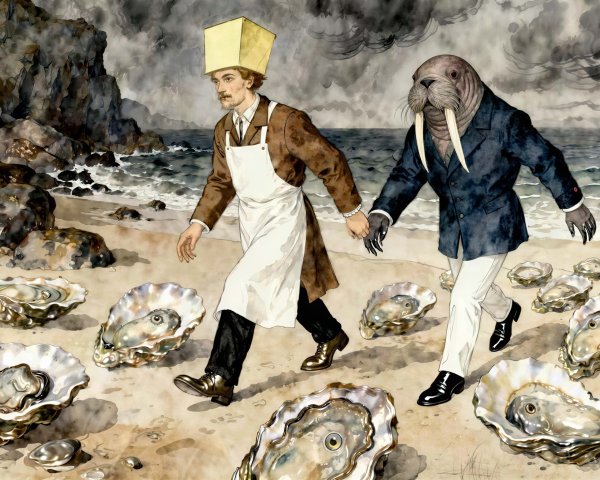 Surreal watercolor of a man and walrus on a beach