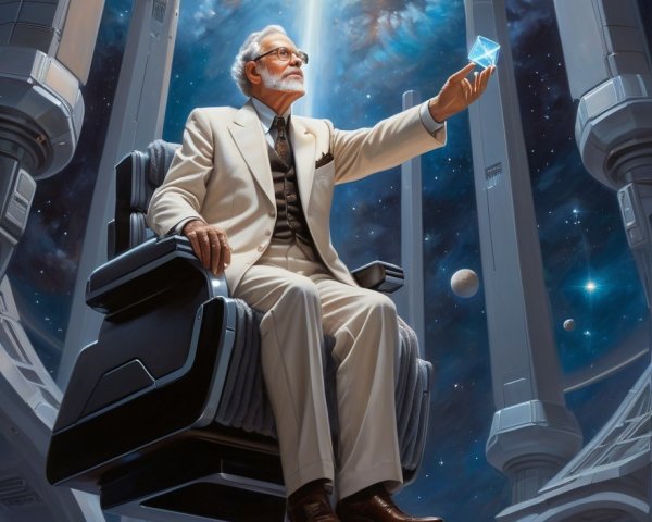 Elderly Man in White Suit with Crystal in Futuristic Setting