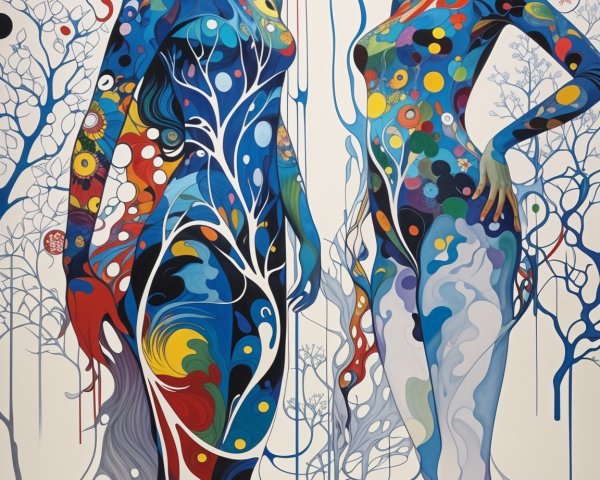 Stylized Figures with Intricate Body Paint Designs