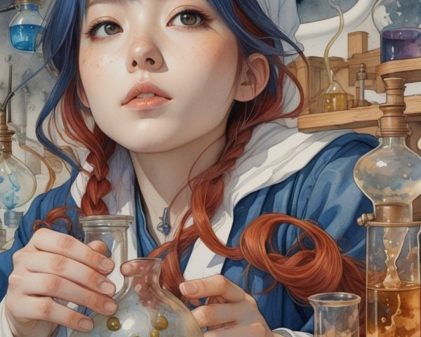 Young Woman in Colorful Laboratory with Flask