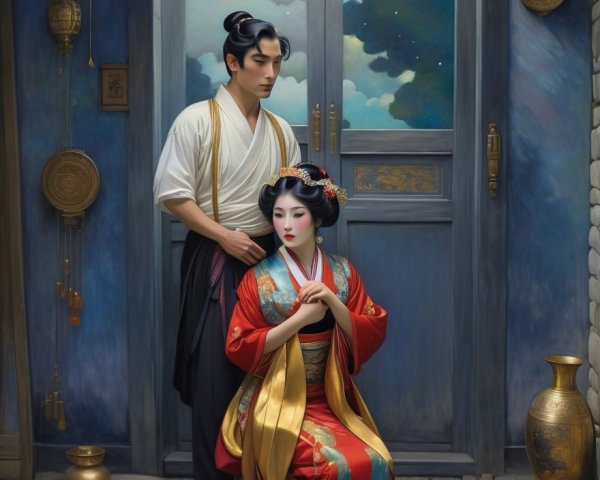 Traditional Japanese Evening Interior with Kimono Attire