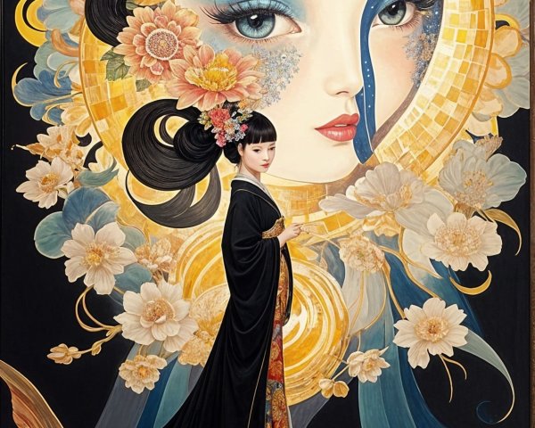 Mural of a serene figure in black kimono with radiant face