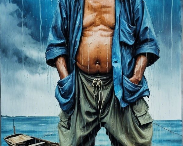 Elderly Man Smiling on Beach with Stormy Sky