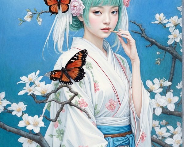 Young Woman in Kimono Among Cherry Blossoms and Butterflies