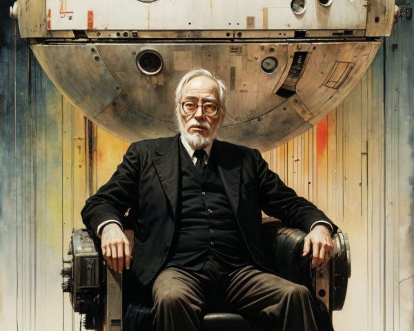 Older man in formal attire with futuristic machine backdrop
